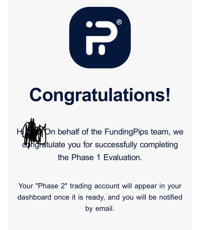 Official FundingPips congratulations email confirming Phase 1 Evaluation completed