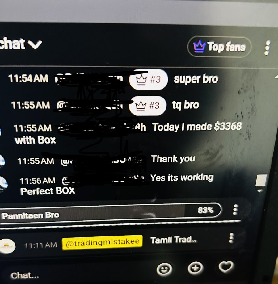 Live YouTube chat screenshot: viewers commenting 'Today I made $3368 with Box' and 'Yes its working Perfect BOX' about the Box Indicator