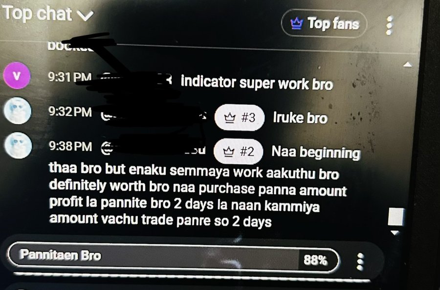 Live YouTube chat: viewer says the Box Indicator is 'definitely worth' and profitable after 2 days